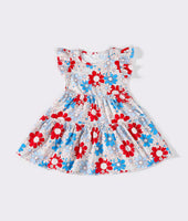 floral red and blue dress