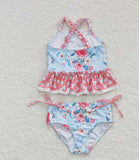 Baby Girls Blue Flowers Top Floral 2 Pieces Swimsuits