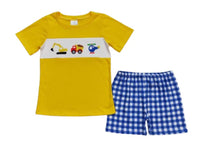 Boys Vehicle Plaid Colorful Short Sleeve Shirt and Shorts - Kids Clothes