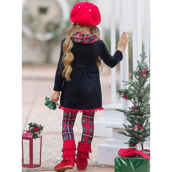 Cute Winter Sets  Girls Christmas Tunic, Plaid Scarf & Legging